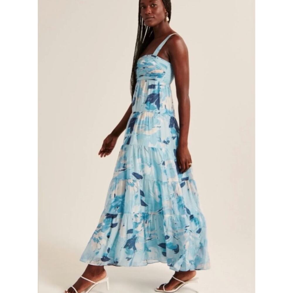 Abercrombie & Fitch Blue Print Ruched Tiered Babydoll Maxi Dress Size S NWT - Picture 8 of 9